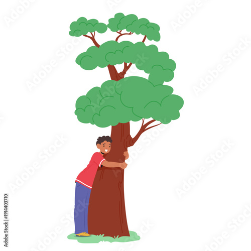 Preteen boy child cartoon character hugging tree trunk enjoying unity with nature isolated on white