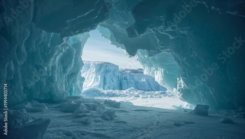 Cave View of Ice Formations and Glacier Under Blue Sky in Winter Season