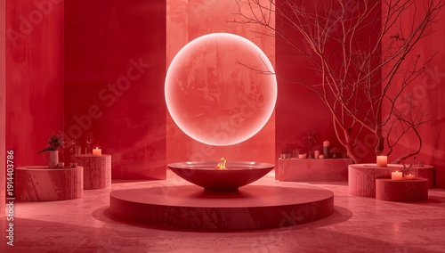 Red Interior Room With Circular Light and Fire Pit in Modern Design