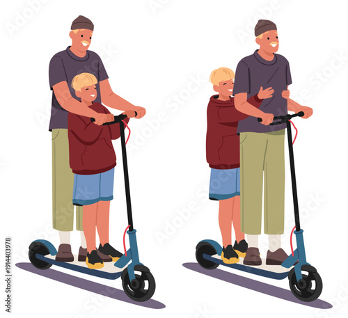 Father and son riding e-scooter together using eco-friendly transport for their daily commute set