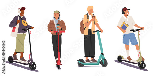 Happy teenage boys cartoon student characters with backpack riding electric scooter isolated set