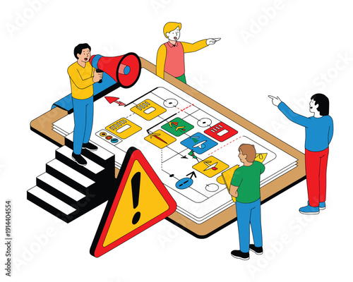 Team members analyze a strategic plan displayed on a large digital board near a warning sign.