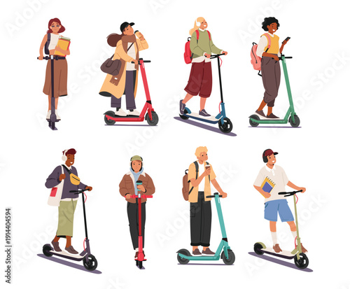 Set of diverse male and female students cartoon characters with backpacks riding electric scooters