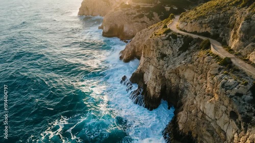 Aerial drone view of tropical coastline with cliffs and splashing waves, slow motion cinematic shot, warm summer colors, paradise vacation scenery, smooth motion over sea rocks