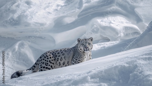 Snow Leopard Rests on Snow-Covered Ground in a Mountainous Area During Winter...