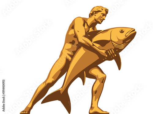 Nude muscular man powerfully holds large golden fish on a white.