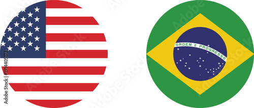 A set of circular icons of the flags of the United States of America and Brazil.