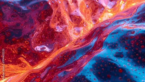 Colorful Liquid Patterns Swirl Together in an Abstract Scene in Shades of Red...