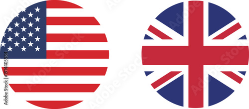 A set of circular icons of the flags of the United States of America and United Kingdom.
