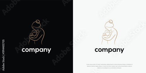 Minimalist Mother Baby Logo Design - Golden Line Art Family Care Symbol.