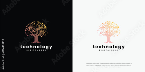 Digital Tree Technology Logo Design with Circuit Board Pattern Modern Tech Growth Concept.