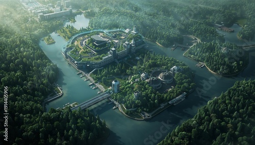 View of a Modern City Surrounded by Trees and Water During Daytime From a Hig...