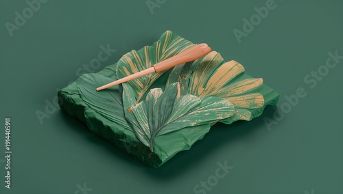 Green Leaf Sculpture With Wooden Tool on Green Background