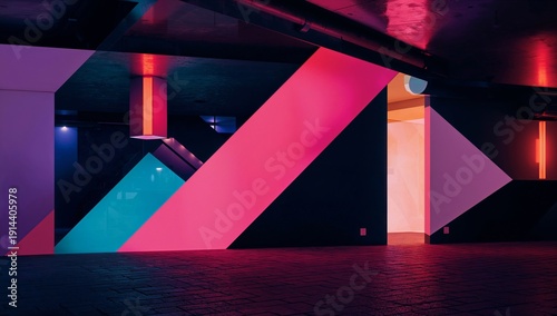 Colorful Wall Design Creates Modern Space in a Well-Lit Area at Night