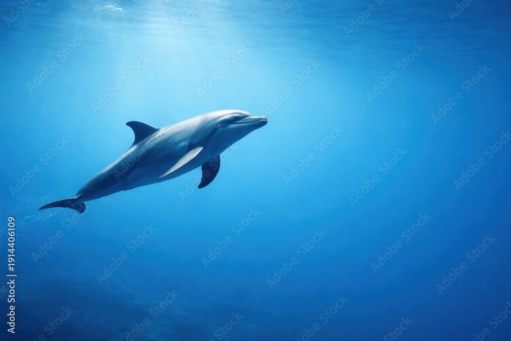Fototapeta premium Dolphin Swims Gracefully in Clear Blue Ocean Water During Midday, Showcasing Its Natural Habitat Underwater