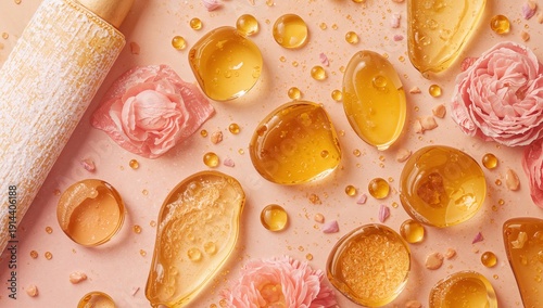 Drops of Amber Liquid on a Light Surface Show Various Shapes and Sizes of Fluid