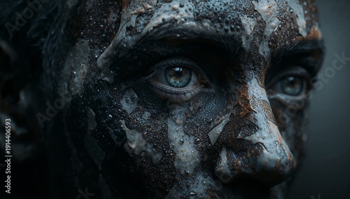 Close up of a Person With Textured Skin Covered in Dark Materials in a Shadow...