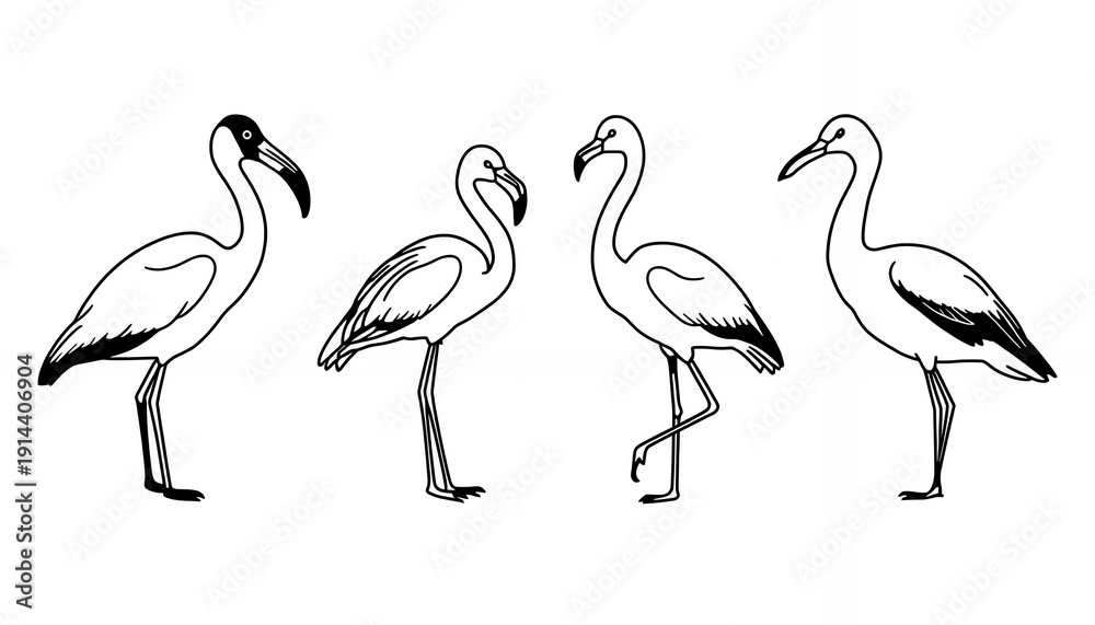 Obraz premium A black and white illustration of four flamingos standing in a row