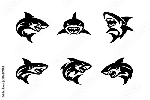 Shark Head Logo Icons Set - Aggressive Shark Jaw Open Mouth Silhouette Mascot Emblem
