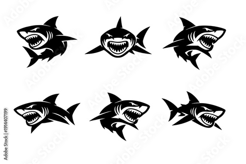 Aggressive shark silhouette logo set with open jaws and sharp teeth. Black marine predator emblems isolated on white for sport mascot branding.