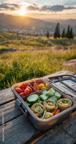 Healthy Bento Box Picnic at Golden Hour Mountain Vista with Fresh Wraps and Veggies.
