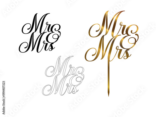 Mr and Mrs Cake Topper SVG with Closed Contour, Romantic Wedding Cutting File for Cutting Machines