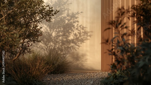 Sunlight Casts Shadows on a Garden Path Near a Building Entrance in the Early...