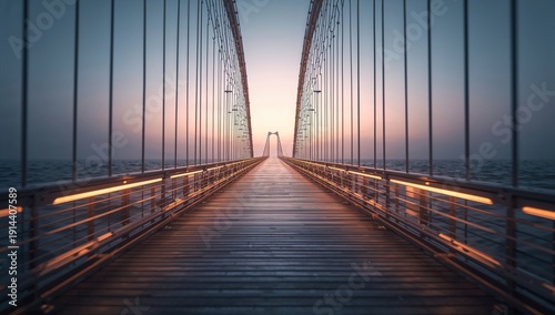 Sunset Over a Bridge With Cables and Water in the Background
