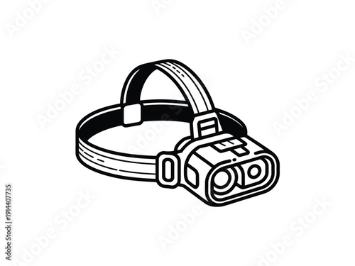 Technical illustration showcasing a portable headlamp with adjustable strap in.