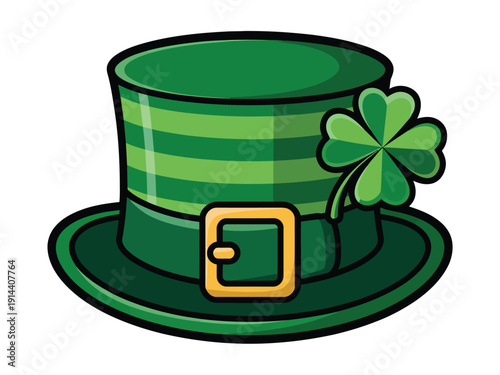 Green leprechaun top hat with a gold buckle and four-leaf clover design.
