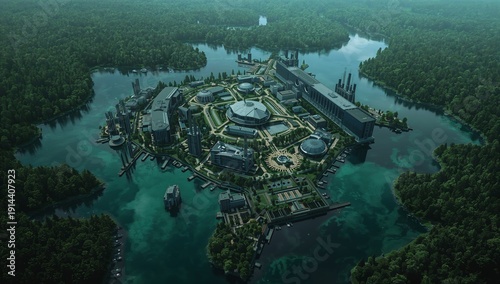 Aerial View of a Modern Facility on an Island Surrounded by Water and Greenery