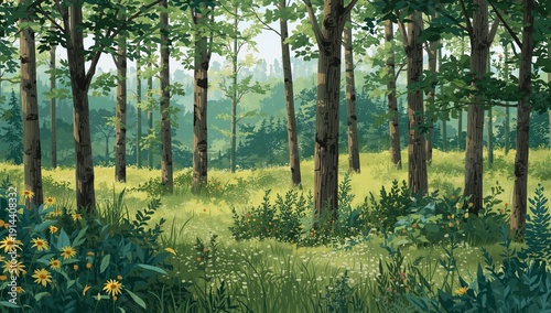 Sunlight Shines Through Trees in a Green Forest on a Sunny Day in Spring