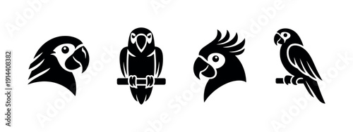 Parrot silhouettes in profile and perched views, flat vector illustration