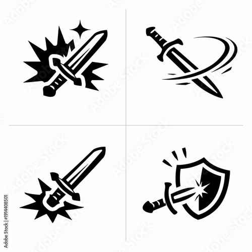 Set of black sword and shield icons with attack and defense symbols. Combat, battle and protection silhouettes isolated on light background.