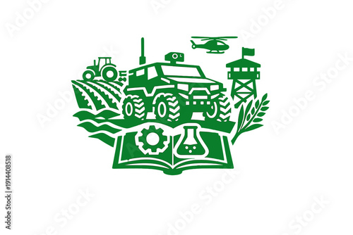 Green agriculture emblem with tractor, field, drone and farm elements above open book. Vector illustration symbolizing agronomy, farming education and technology.