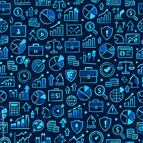 Seamless finance and business pattern with charts, briefcases, coins and analytics icons. Blue line vector background for fintech, banking and investment themes.