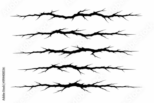 Set of black crack lines isolated on white background. Grunge vector elements for broken surface, damaged texture and distress design effects.