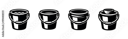 Four buckets with different contents, flat vector illustration