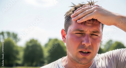 Exhausted man experiencing heatwave and sweating intensely outdoors