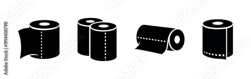 Toilet paper roll set, black and white icons, flat vector illustration