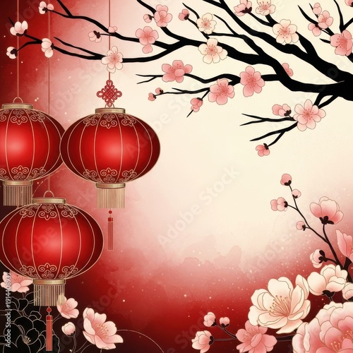 Vibrant red lanterns hanging amidst blooming cherry blossoms in a festive display