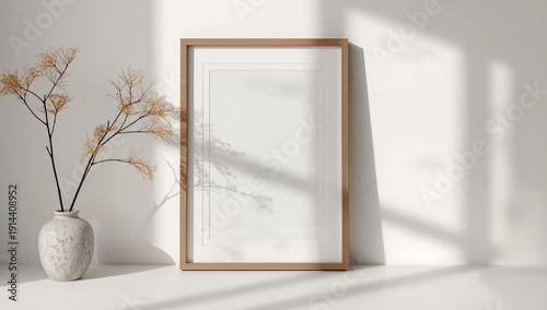 Empty Frame With a Vase and a Branch on a White Surface in Natural Light