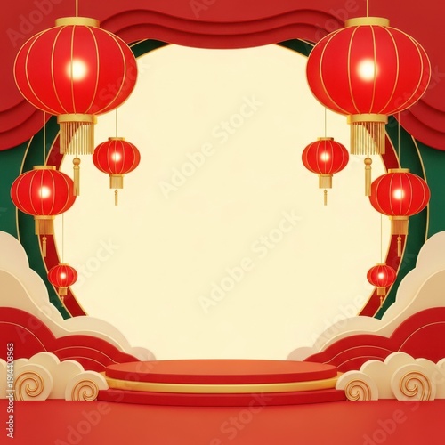 Vibrant red chinese lanterns hanging in a festive setting with clouds