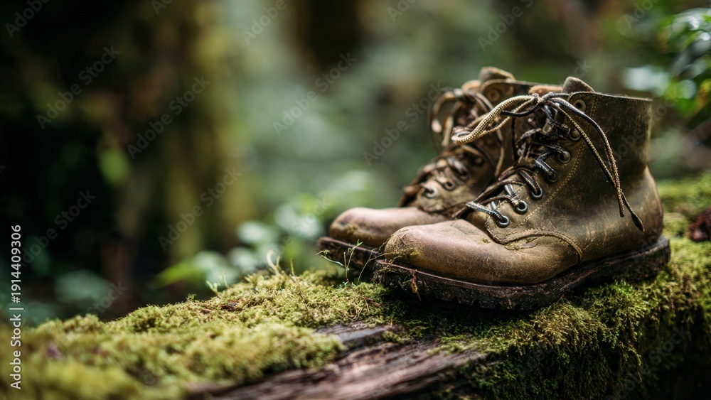 Fototapeta premium Vintage hiking boots on mossy log in forest