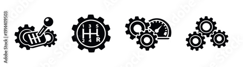 Gear shift and speedometer icons, black gear symbols, flat vector illustration