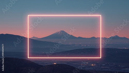 Scenic View of Mount Fuji Framed by Neon Light at Dusk in Japan