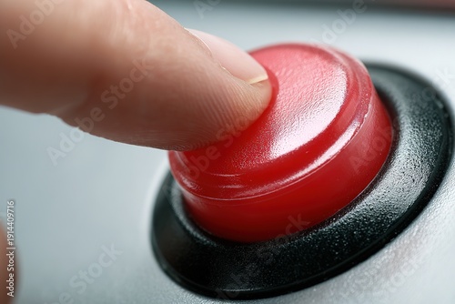 The hand presses the big red button. The concept of the threat of nuclear war. A threat to the world with a nuclear suitcase and a bomb. The hand presses the rocket launch button