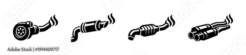 Car exhaust system components with smoke, flat vector illustration