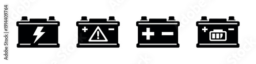 Battery icons with symbols for warning and charging, flat vector illustration
