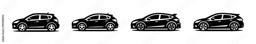 Naklejka premium Set of four cars in profile view, flat vector illustration